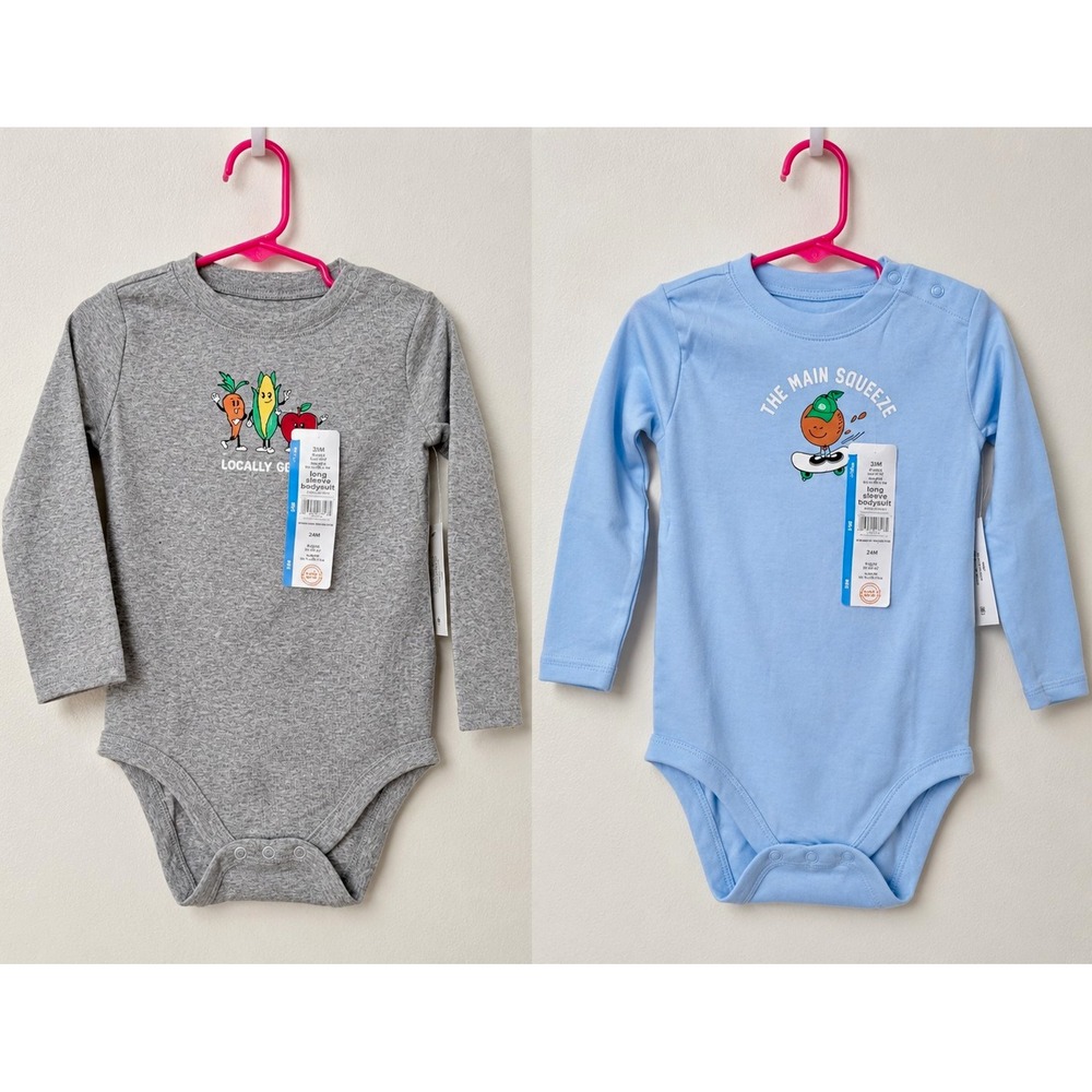 Wonder Nation 2-Pack Long Sleeve Snap Bodysuits 18-24M Gray Blue Fruit Veg NWT